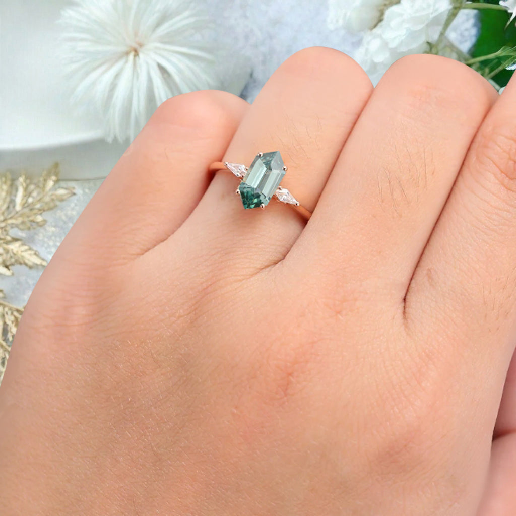 Vintage Hexagon Cut Tsavorite Ring Moissanite Engagement Ring Unique Promise Bridal Ring