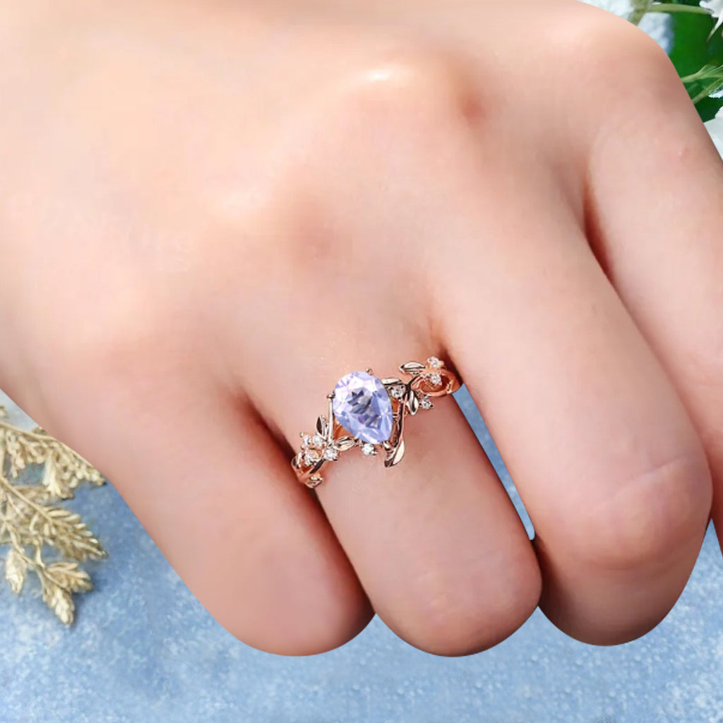 Unique Pear Cut Amethyst Engagement Women Ring Vintage Rose Gold Art Deco Cluster Leaf Nature Inspired Bridal Wedding Ring