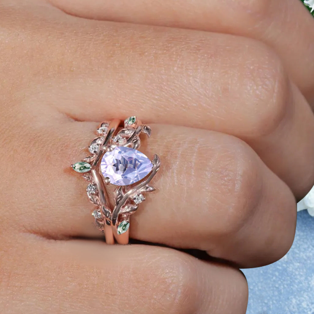 Unique Pear Cut Amethyst Engagement Women Ring Vintage Rose Gold Art Deco Cluster Leaf Nature Inspired Moss Agate Bridal Wedding Ring Set