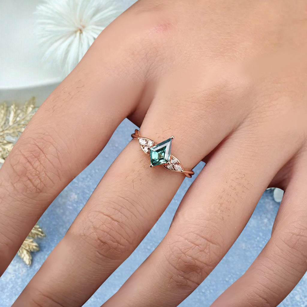 Vintage Kite cut Blue-Green Sapphire Engagement ring Rose Gold moissanite marriage ring Bridal 3/4 eternity Twisted Flower ring anniversary ring