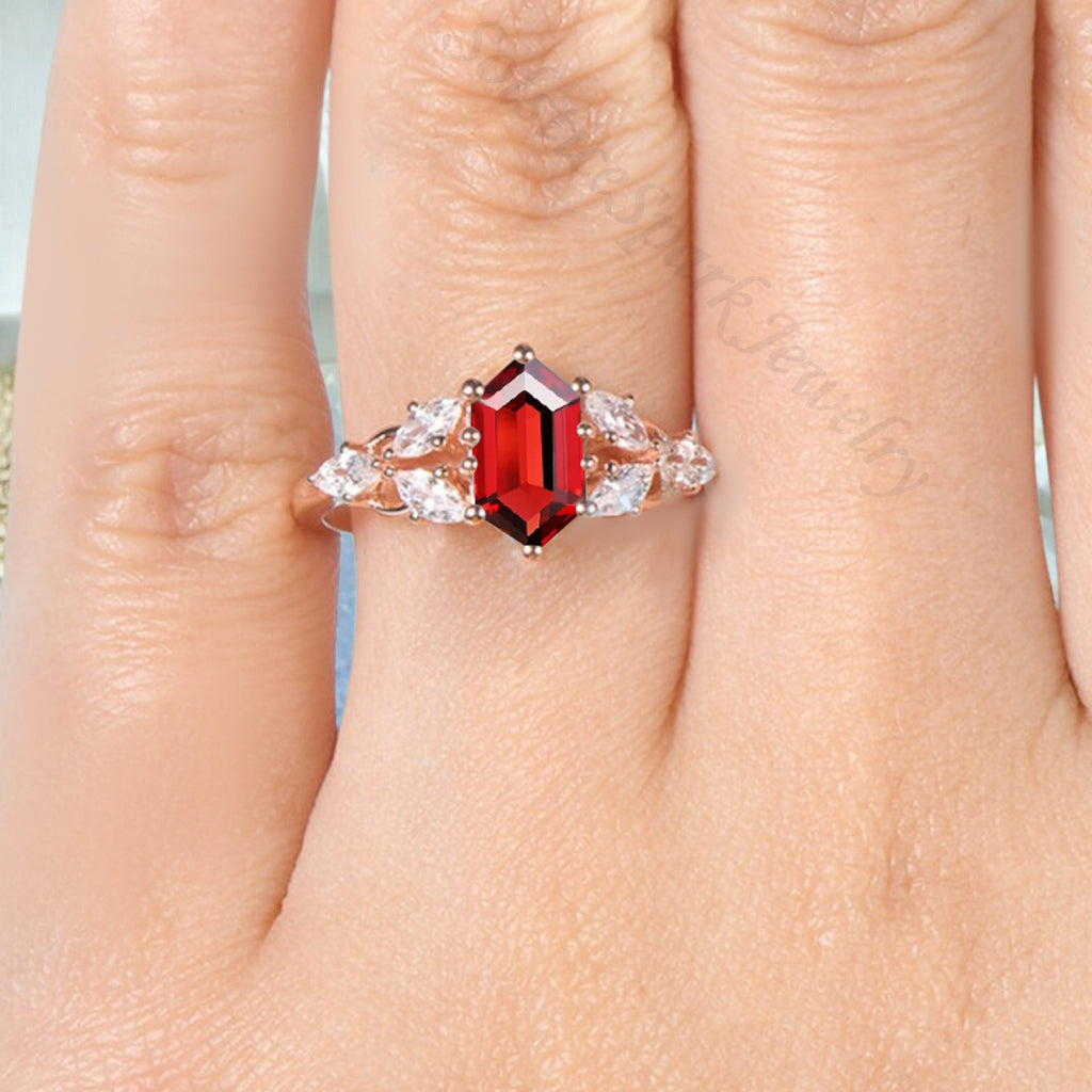 Hexagon Cut Ruby Engagement Ring Set Vintage Unique 14k Rose Gold Red Ruby Ring For Women Unique Bridal Wedding Ring Set Anniversary Gift