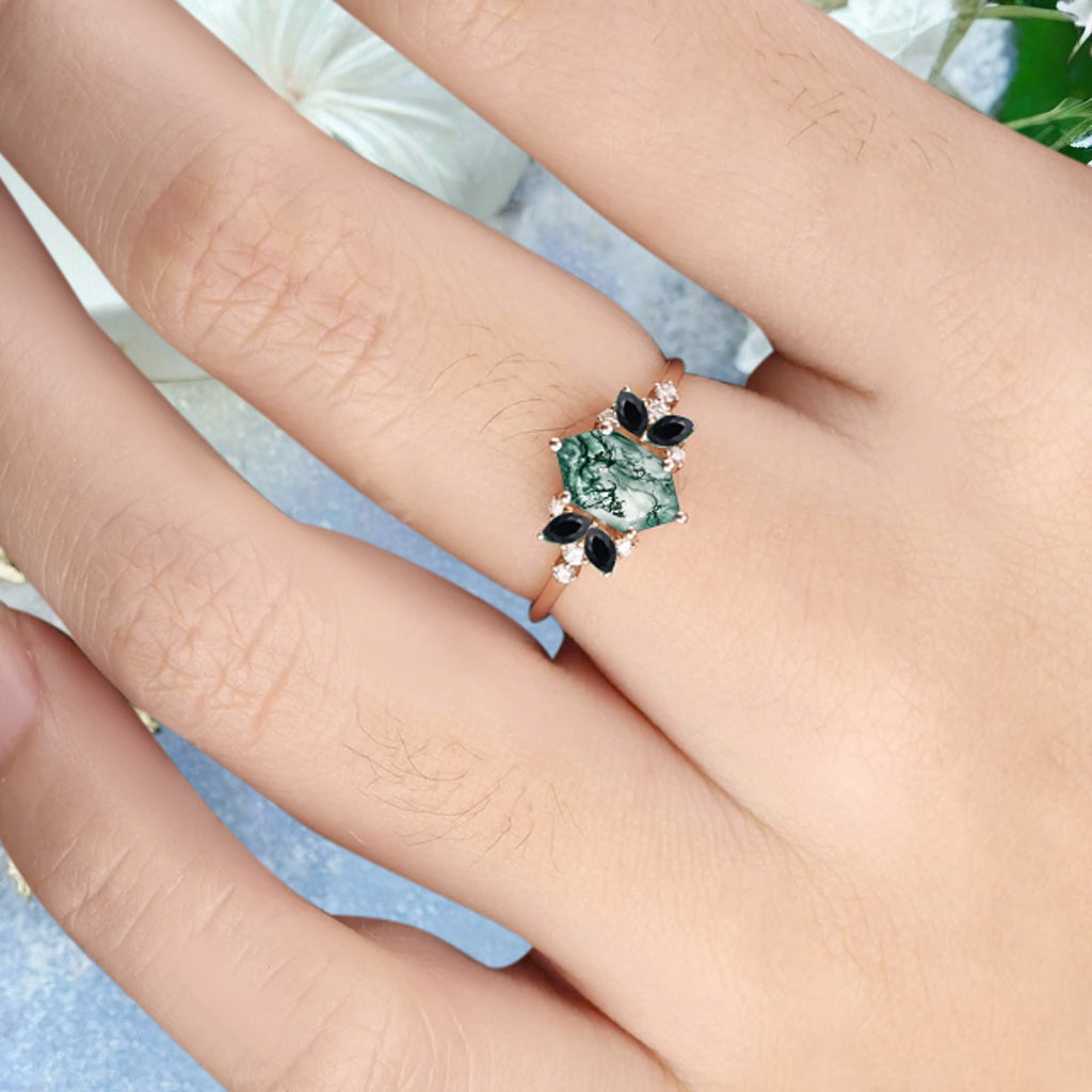 Vintage Hexagon Cut Moss Agate Engagement Ring Black Onyx Side Stone Wedding Promise Bridal Ring