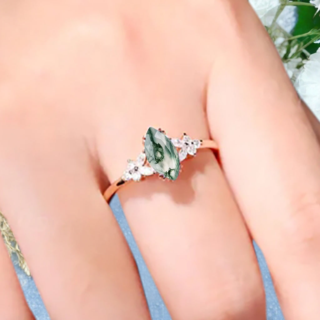 Marquise Cut Moss Agate Ring Vintage Solid Gold Engagement Ring Unique Moissanite Bridal Wedding Anniversary Gift For Her