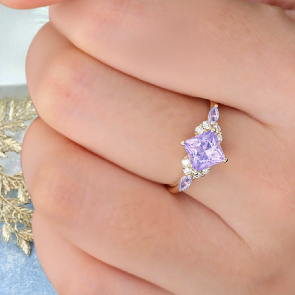 Vintage Princess Cut Ring, Amethyst Engagement Ring, September Birthstone Sterling Silver Ring, Handmade 18K Gold Art Deco Promise Ring