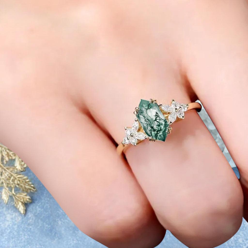 Vintage Hexagon Cut Moss Agate Gemstone Engagement Ring Moissanite Side Stone Wedding Promise Ring