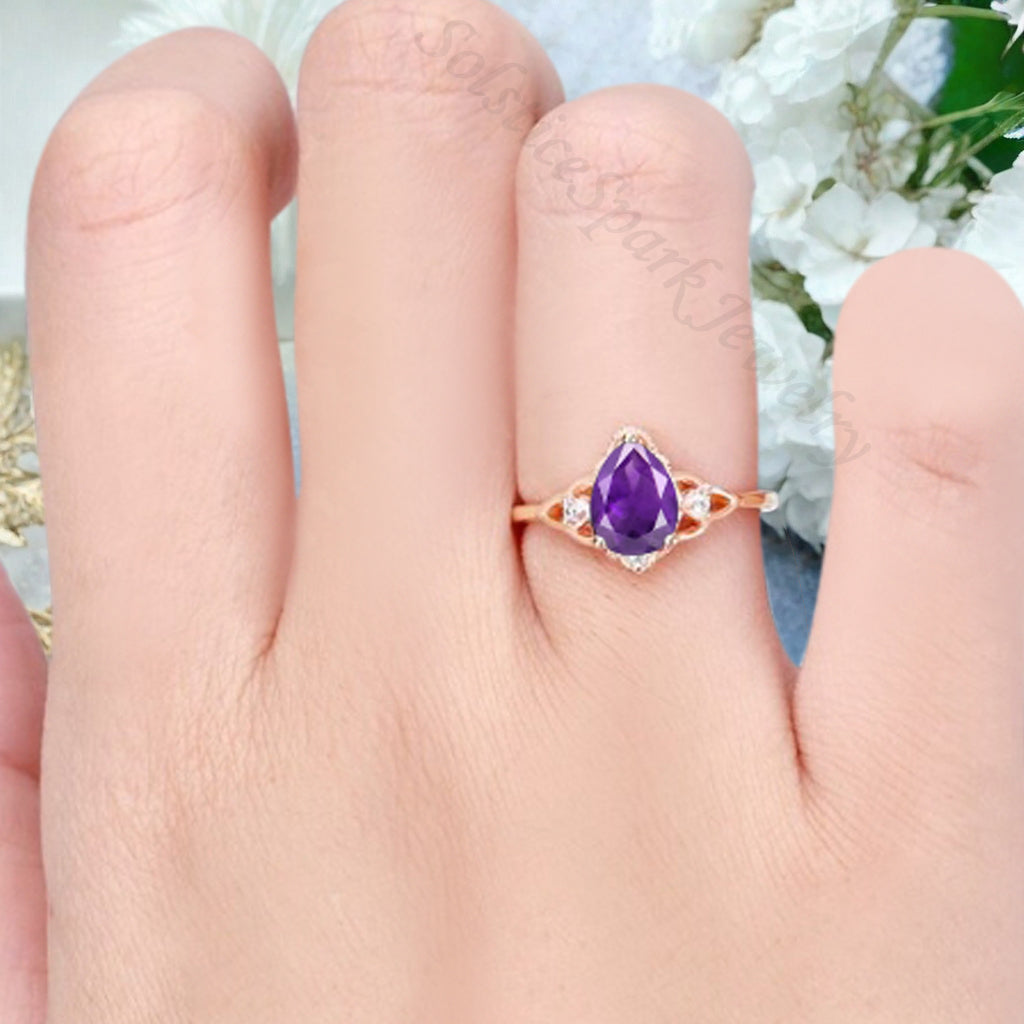 Amethyst Vintage Pear Cut Flower Inspired Solid 10k Rose Gold Ring Moissanite Bridal Promise Flower Ring Unique Anniversary Gift