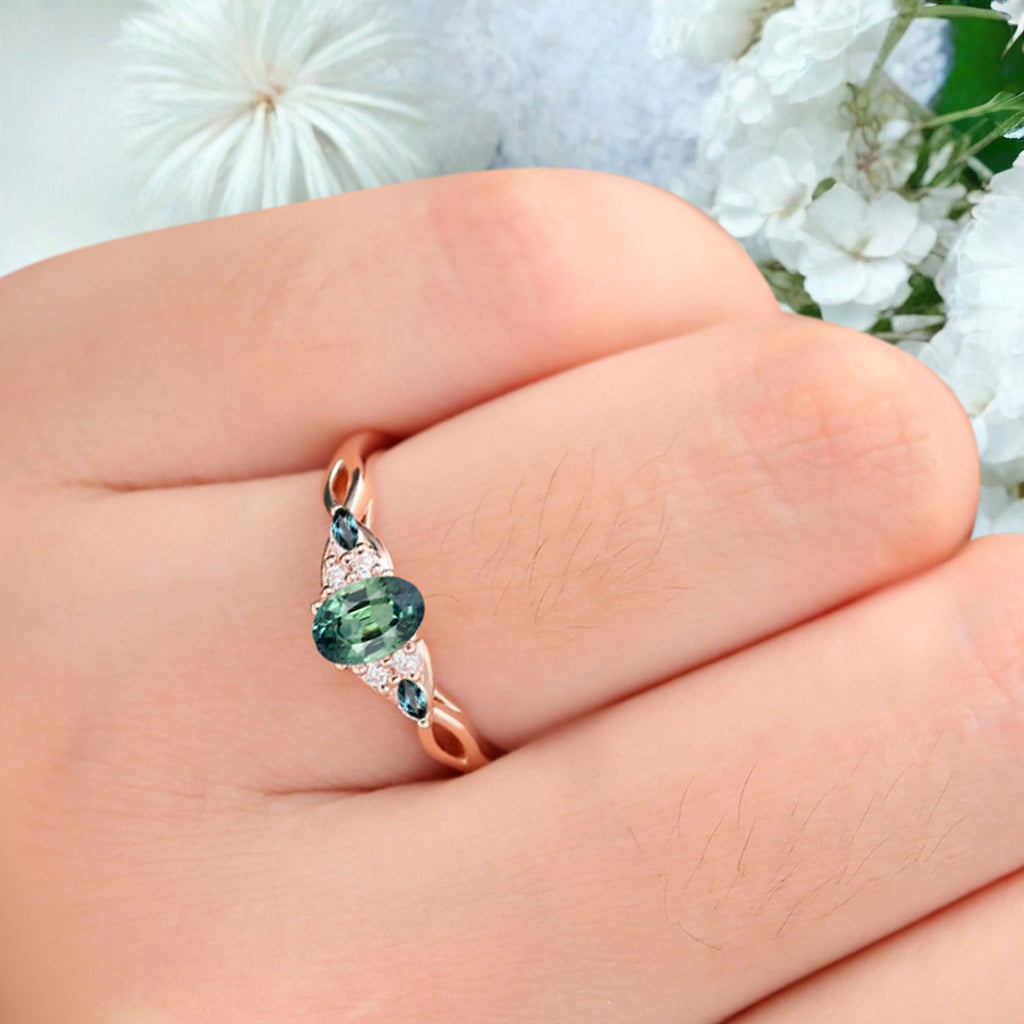 Vintage Oval Tsavorite Engagement Ring Unique Aquamarine Sidestones Oval Gemstone Promise Ring