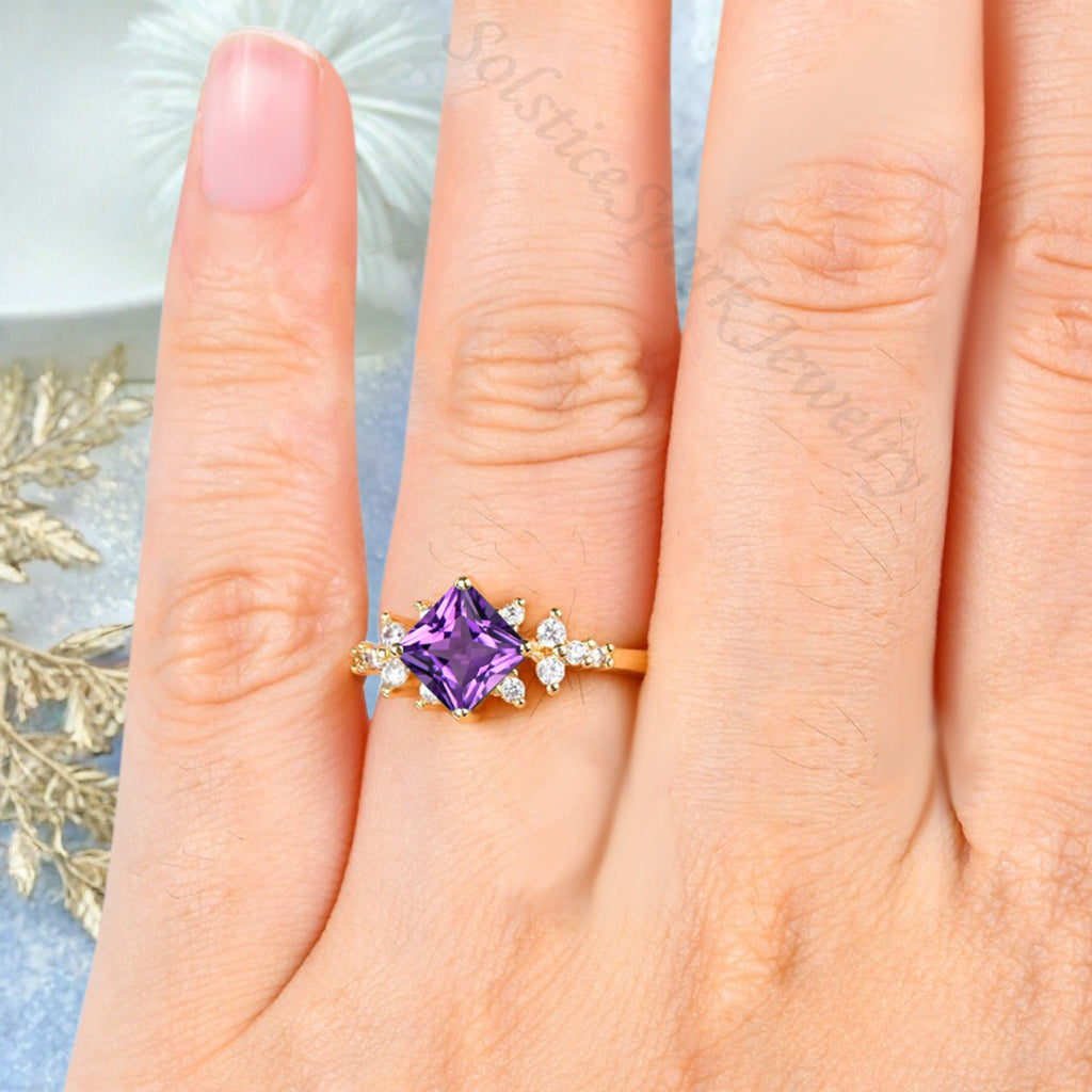 Vintage Princess Cut Ring, Amethyst Engagement Ring, September Birthstone Sterling Silver Ring, Handmade 18K Gold Art Deco Promise Ring Ver.2