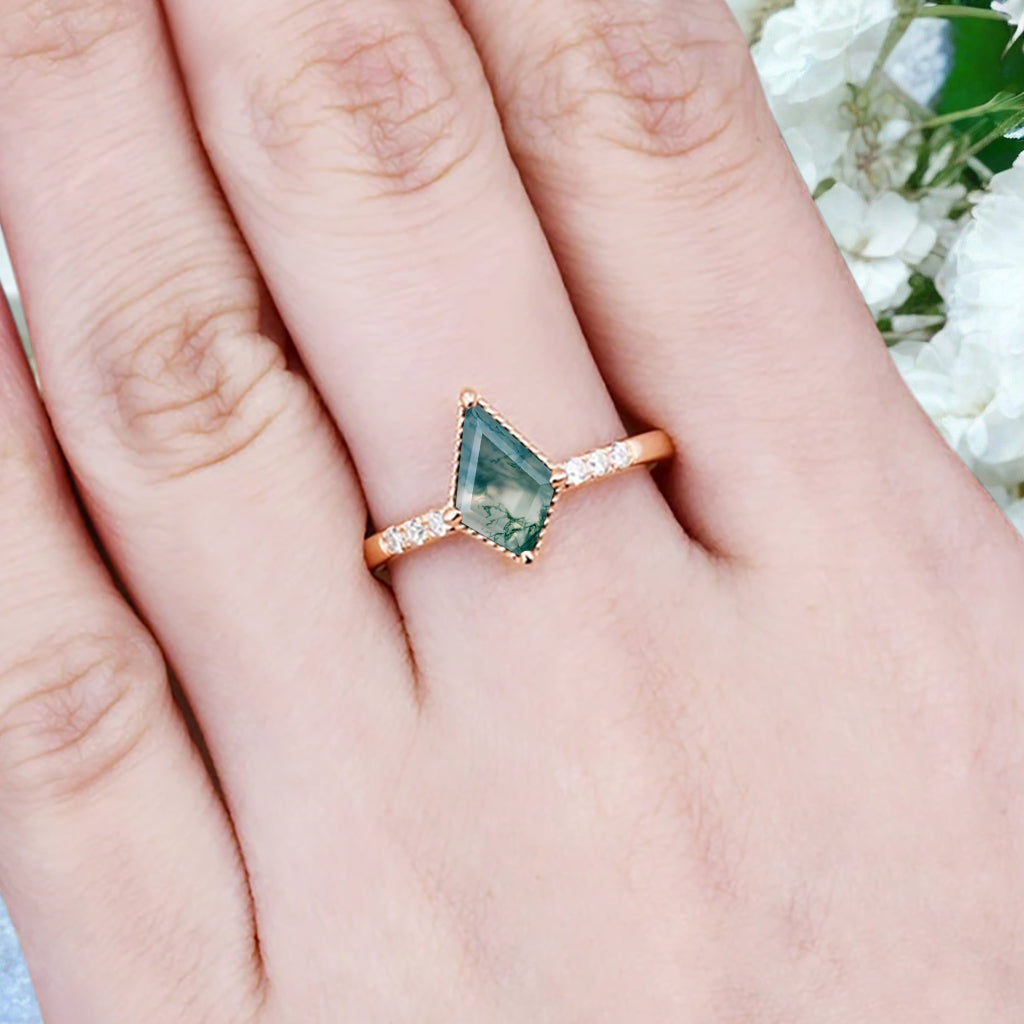 Kite cut Moss Agate engagement ring Vintage Moissanite Ring Band Art deco bridal ring Anniversary gift
