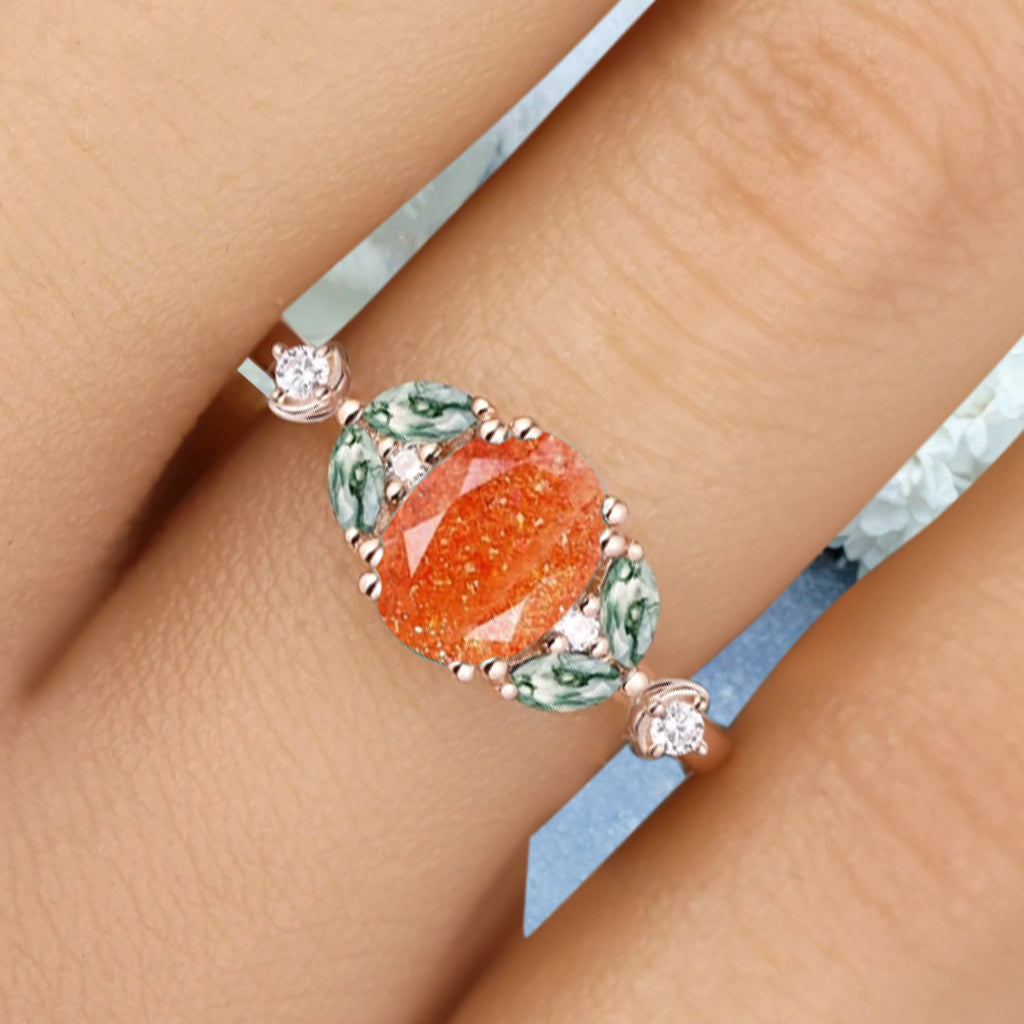 Vintage Oval Sunstone Engagement Ring Unique Moss Agate Sidestones Oval Gemstone Promise Ring