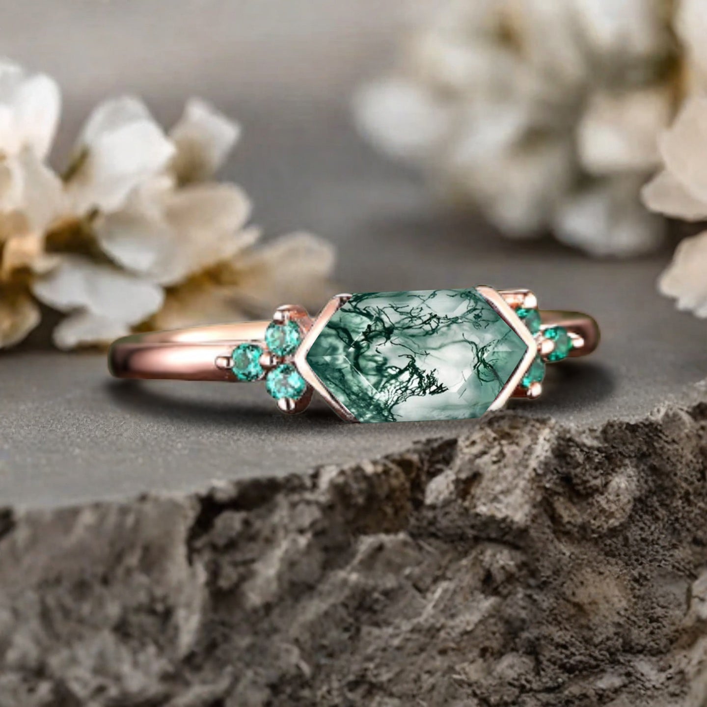 Vintage Moss Agate Hexagon Engagement Ring Cluster Emerald Ring Bezel Setting Ring 14K Yellow Gold Ring Promise Ring Gift