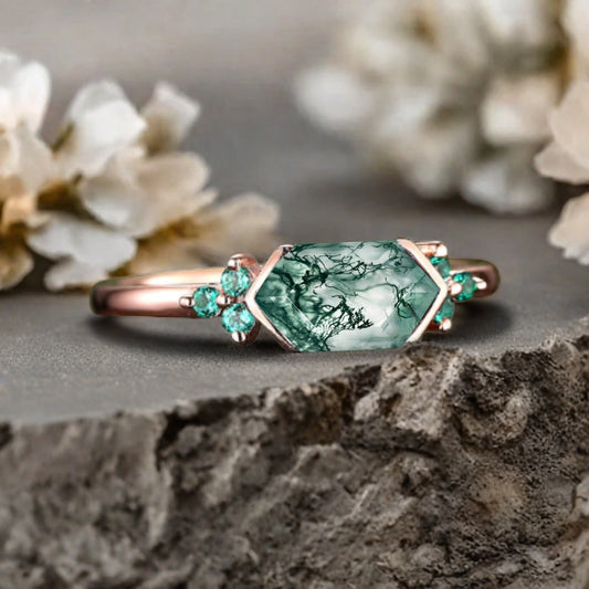 Vintage Moss Agate Hexagon Engagement Ring Cluster Emerald Ring Bezel Setting Ring 14K Yellow Gold Ring Promise Ring Gift