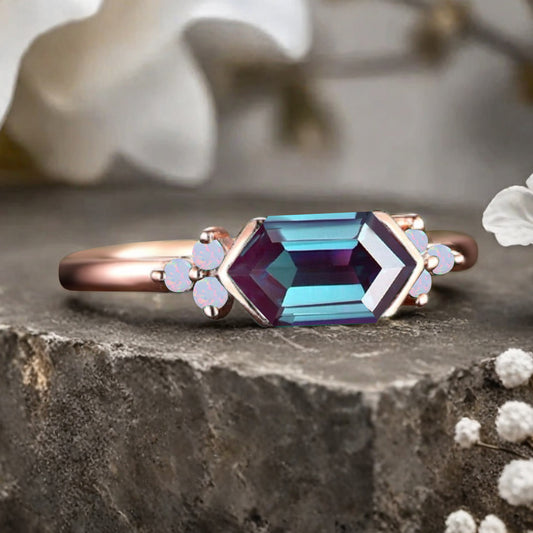 Vintage Alexandrite Hexagon Engagement Ring Cluster Opal Ring Bezel Setting Ring 14K Yellow Gold Ring Promise Ring Gift