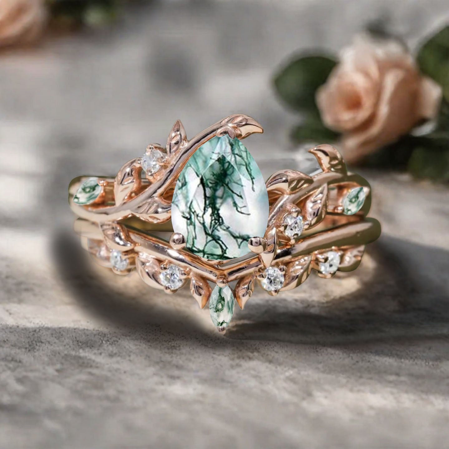 Unique Pear Cut Moss Agate Engagement Women Ring Vintage Rose Gold Art Deco Cluster Leaf Nature Inspired Moss Agate Bridal Wedding Ring Set
