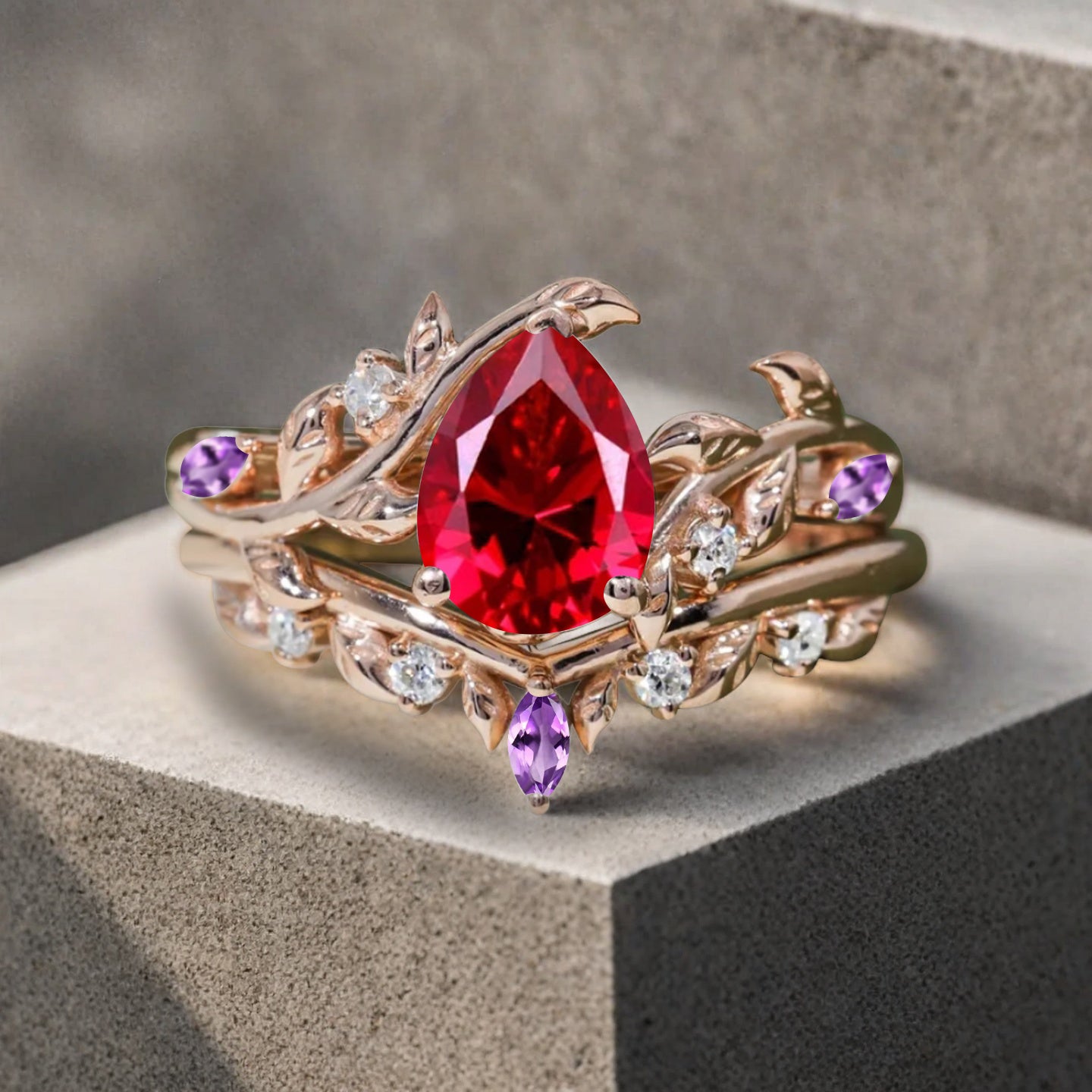 Unique Pear Cut Ruby Engagement Women Ring Vintage Rose Gold Art Deco Cluster Leaf Nature Inspired Amethyst Bridal Wedding Ring Set