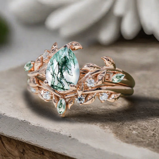 Unique Pear Cut Moss Agate Engagement Women Ring Vintage Rose Gold Art Deco Cluster Leaf Nature Inspired Moss Agate Bridal Wedding Ring Set