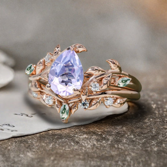 Unique Pear Cut Amethyst Engagement Women Ring Vintage Rose Gold Art Deco Cluster Leaf Nature Inspired Moss Agate Bridal Wedding Ring Set