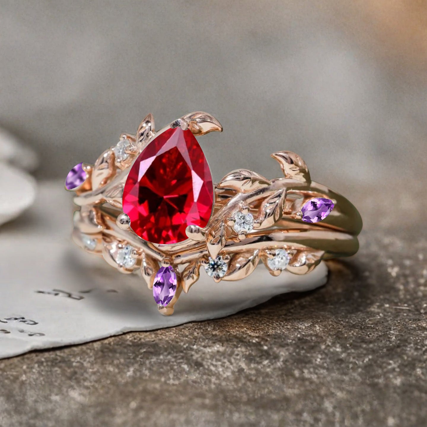 Unique Pear Cut Ruby Engagement Women Ring Vintage Rose Gold Art Deco Cluster Leaf Nature Inspired Amethyst Bridal Wedding Ring Set