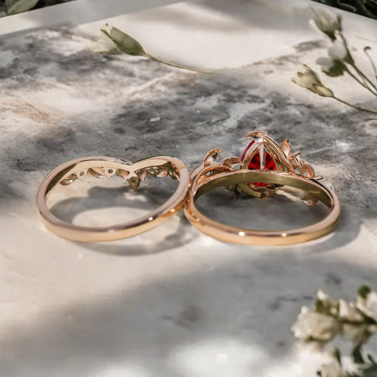 Unique Pear Cut Ruby Engagement Women Ring Vintage Rose Gold Art Deco Cluster Leaf Nature Inspired Amethyst Bridal Wedding Ring Set