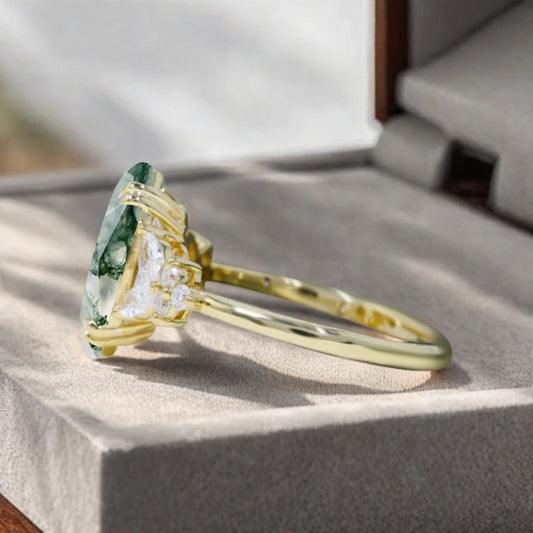 Marquise cut Moss Agate Engagement ring set Vintage Rose Gold Cluster Marquise cut Diamond Bridal set Promise Anniversary Ring Set Women