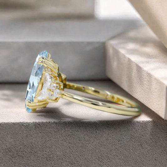 Marquise cut Aquamarine Engagement ring set Vintage Rose Gold Cluster Marquise cut Diamond Bridal set Promise Anniversary Ring Set Women