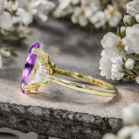 Marquise cut Amethyst Engagement ring set Vintage Rose Gold Cluster Marquise cut Diamond Bridal set Promise Anniversary Ring Set Women