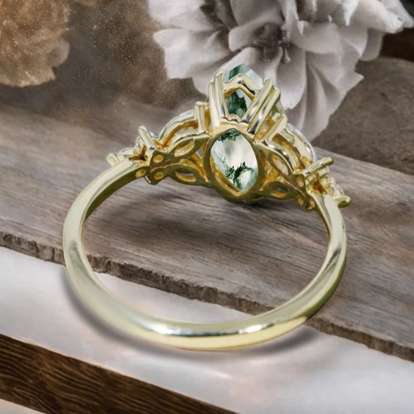Marquise cut Moss Agate Engagement ring set Vintage Rose Gold Cluster Marquise cut Diamond Bridal set Promise Anniversary Ring Set Women