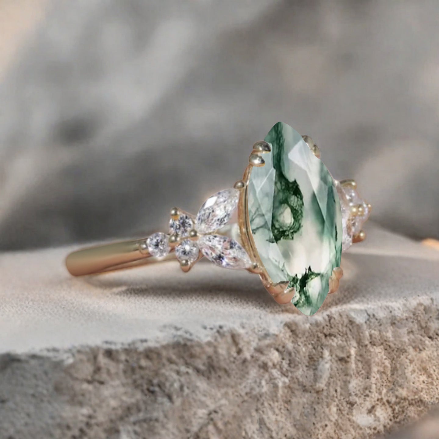 Marquise cut Moss Agate Engagement ring set Vintage Rose Gold Cluster Marquise cut Diamond Bridal set Promise Anniversary Ring Set Women