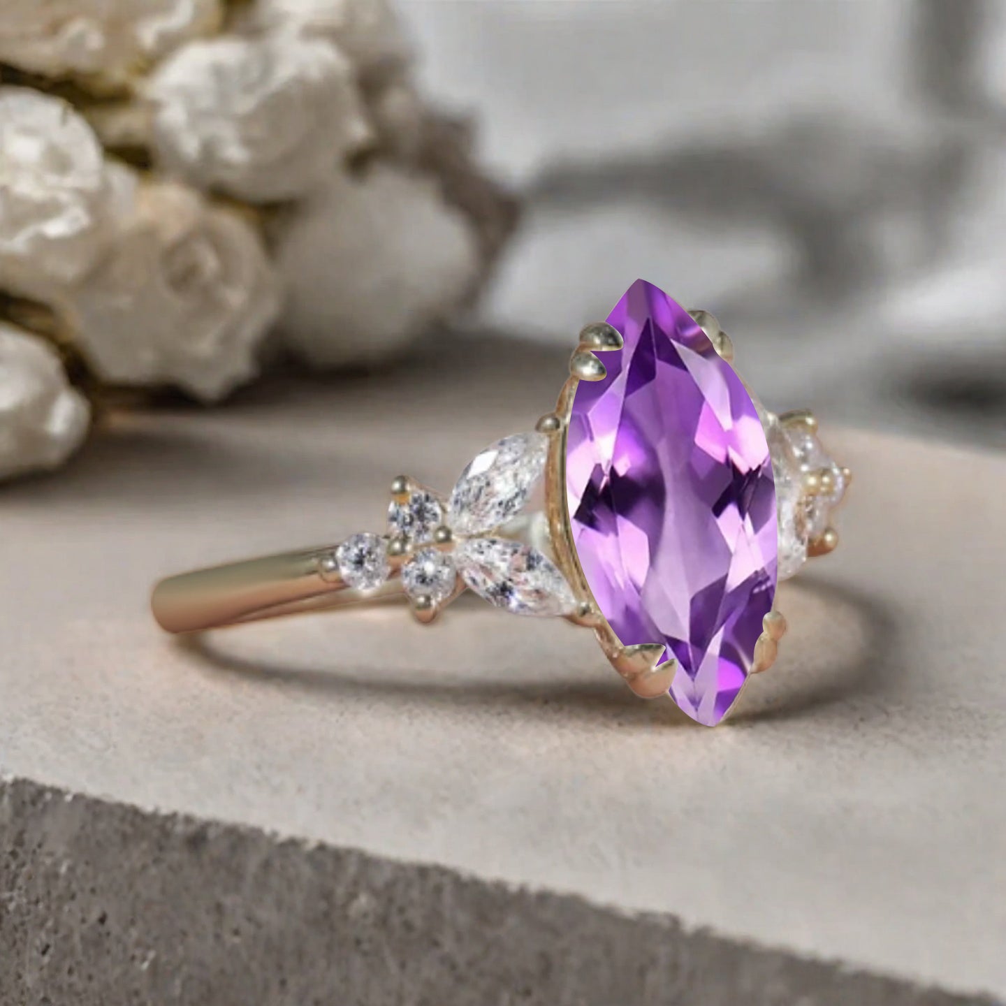 Marquise cut Amethyst Engagement ring set Vintage Rose Gold Cluster Marquise cut Diamond Bridal set Promise Anniversary Ring Set Women