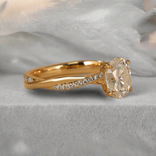 Oval Cut Petite Twist Vine Moissanite Engagement Ring 14k Yellow Gold Art Nouveau inspired with pave moissanite accents ideal for women