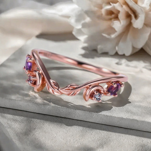 Unique Amethyst Curved wedding band vintage rose gold wedding band women Chevron band Stacking Matching band Promise Anniversary ring