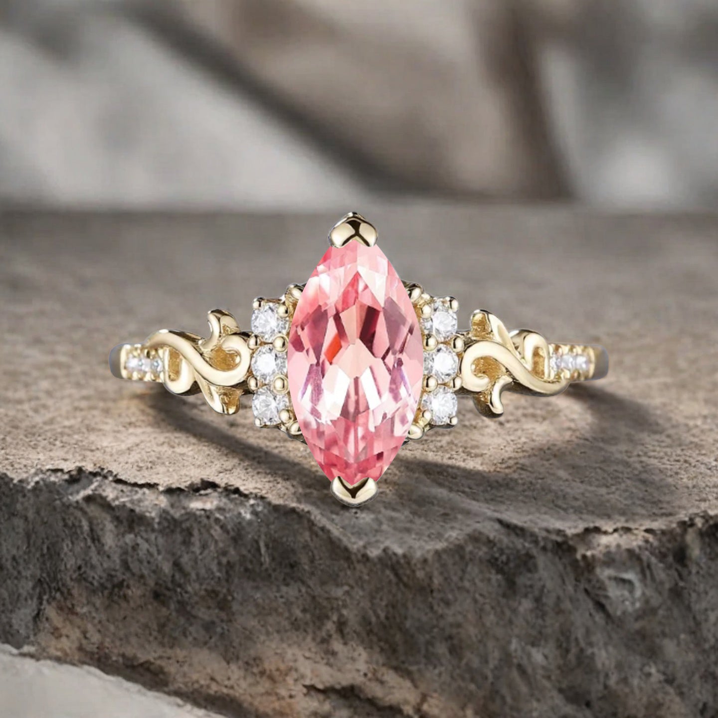Art Deco Pink Sapphire Engagement Ring Marquise Shape Pink Agate Ring Unique Pink Sapphire Moissanite Cluster Wedding Ring Vintage Ring For Her