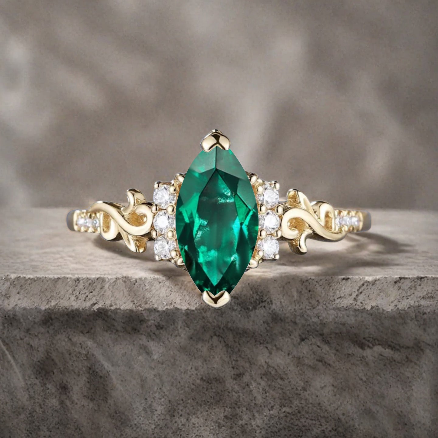 Art Deco Emerald Engagement Ring Marquise Shape Green Agate Ring Unique Emerald Moissanite Cluster Wedding Ring Vintage Ring For Her