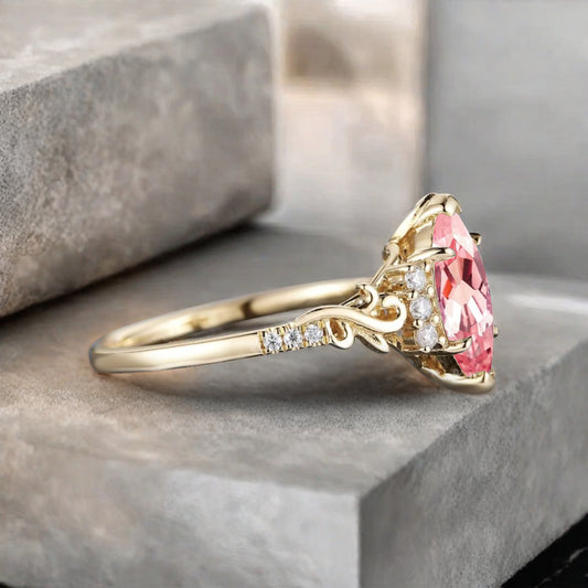 Art Deco Pink Sapphire Engagement Ring Marquise Shape Pink Agate Ring Unique Pink Sapphire Moissanite Cluster Wedding Ring Vintage Ring For Her