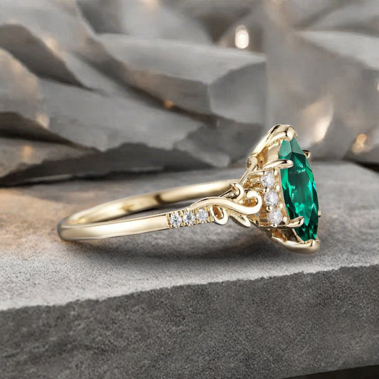 Art Deco Emerald Engagement Ring Marquise Shape Green Agate Ring Unique Emerald Moissanite Cluster Wedding Ring Vintage Ring For Her