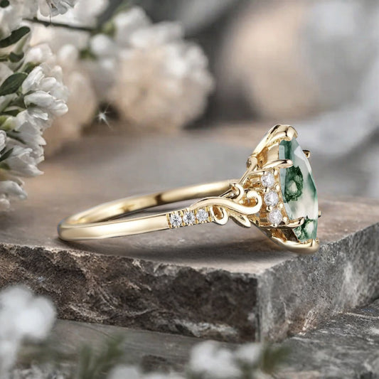 Art Deco Moss Agate Engagement Ring Marquise Shape Green Agate Ring Unique Moss Agate Moissanite Cluster Wedding Ring Vintage Ring For Her