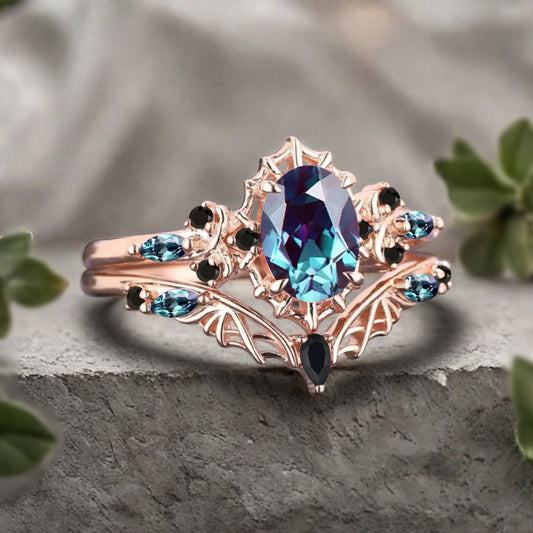 Vintage Oval Cut Lavender Alexandrite Engagement Ring Set Women Unique Rose Gold Black Onyx Bridal Wedding Ring Set Anniversary Gift
