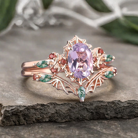 Vintage Oval Cut Lavender Amethyst Engagement Ring Set Women Unique Rose Gold Green Moss Agate Ruby Bridal Wedding Ring Set Anniversary Gift