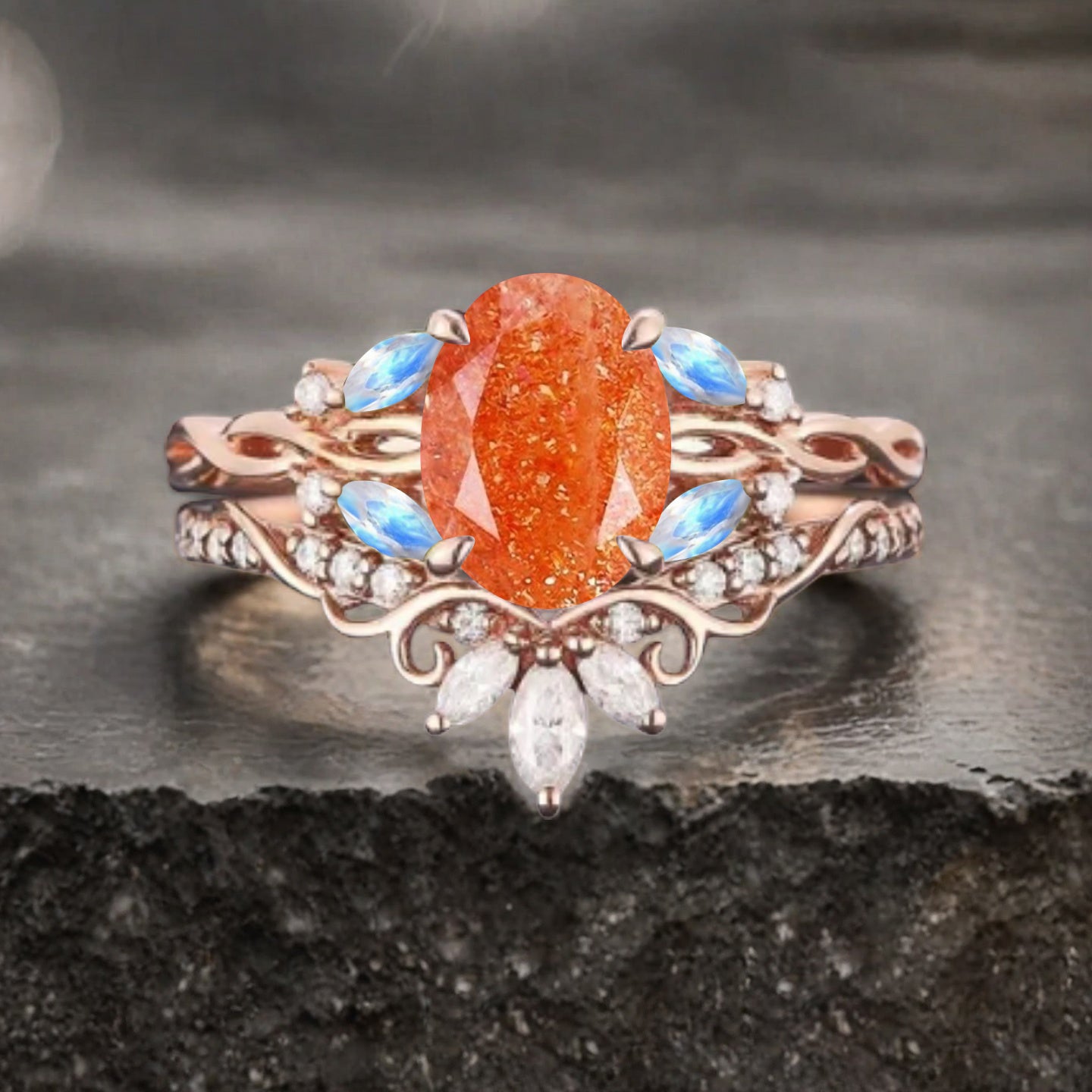 Unique Oval Cut Orange Sunstone Engagement Ring Set Vintage Rose Gold Art Deco Cluster Moonstone Moissanite Bridal Wedding Ring Set Gifts