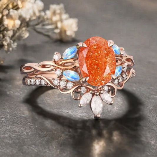 Unique Oval Cut Orange Sunstone Engagement Ring Set Vintage Rose Gold Art Deco Cluster Moonstone Moissanite Bridal Wedding Ring Set Gifts