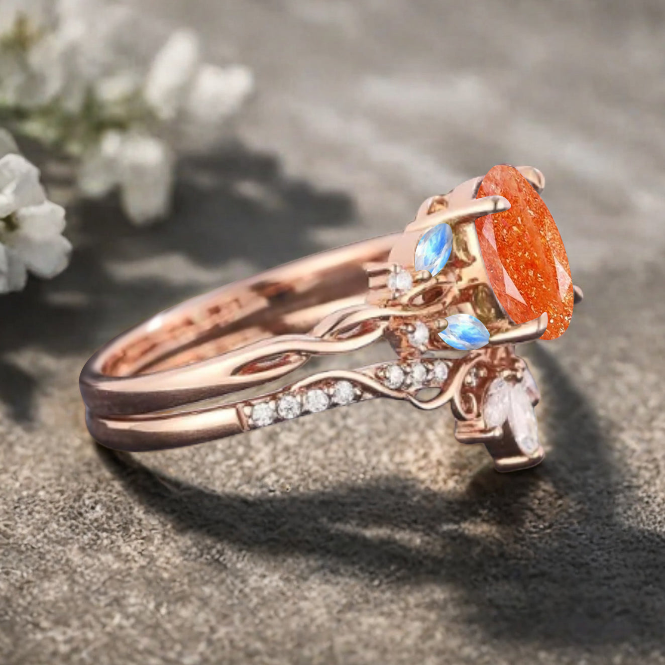 Unique Oval Cut Orange Sunstone Engagement Ring Set Vintage Rose Gold Art Deco Cluster Moonstone Moissanite Bridal Wedding Ring Set Gifts