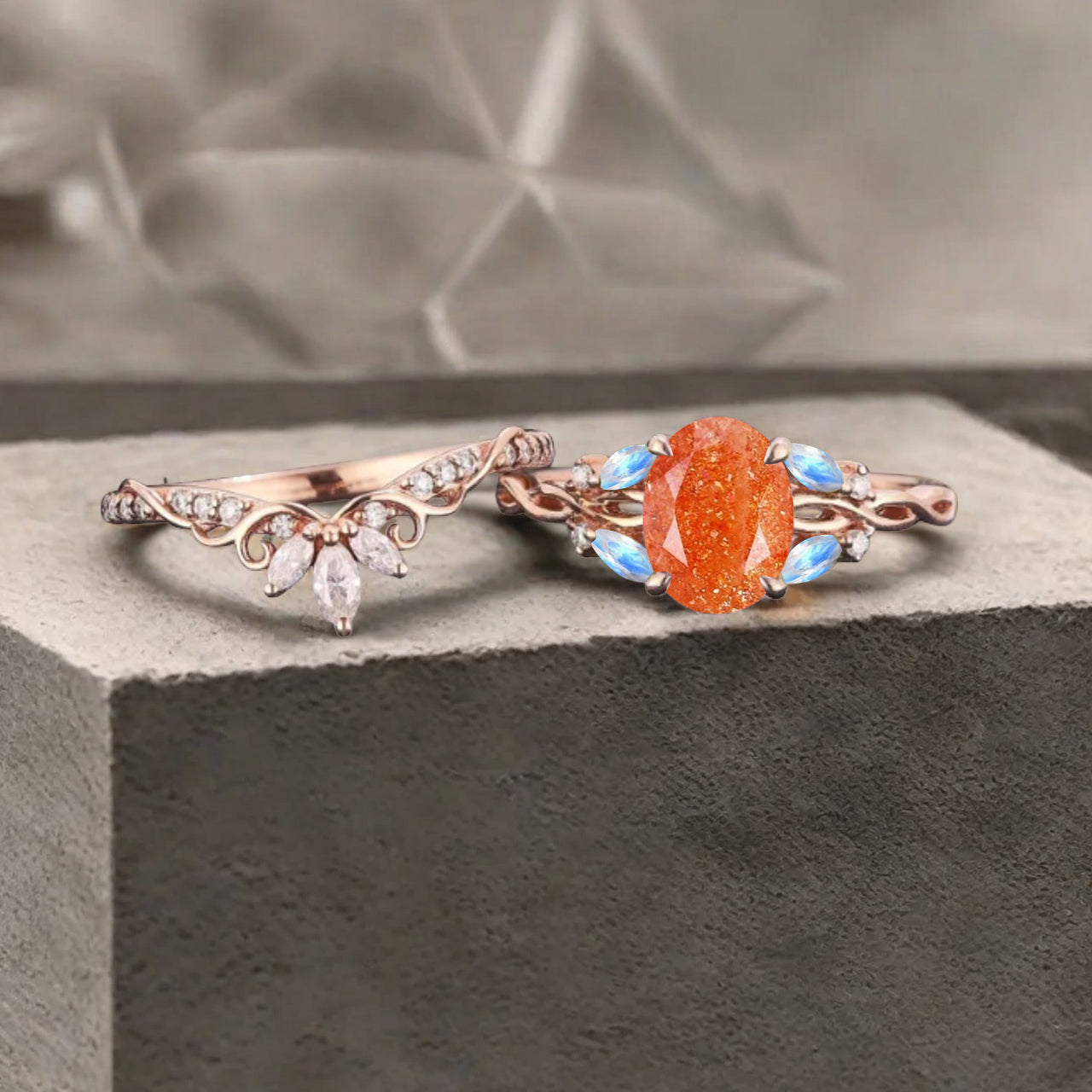 Unique Oval Cut Orange Sunstone Engagement Ring Set Vintage Rose Gold Art Deco Cluster Moonstone Moissanite Bridal Wedding Ring Set Gifts