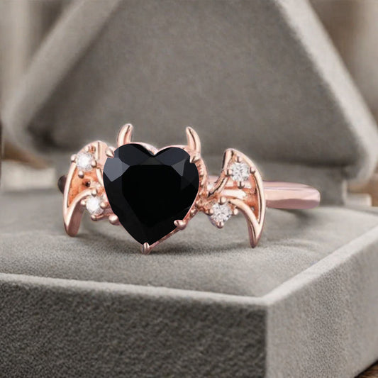 Art Deco Heart Cut Black Onyx Wedding Ring Solid Gold Bat Ring Moissanite Ring Wedding Band Custom Promise Ring Anniversary Gift for Her