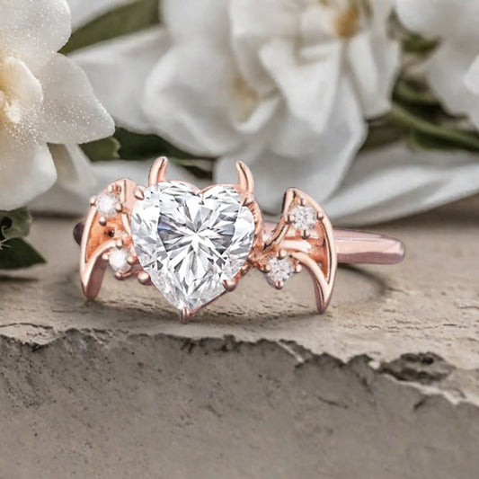 Art Deco Heart Cut Moissanite Wedding Ring Solid Gold Bat Ring Moissanite Ring Wedding Band Custom Promise Ring Anniversary Gift for Her