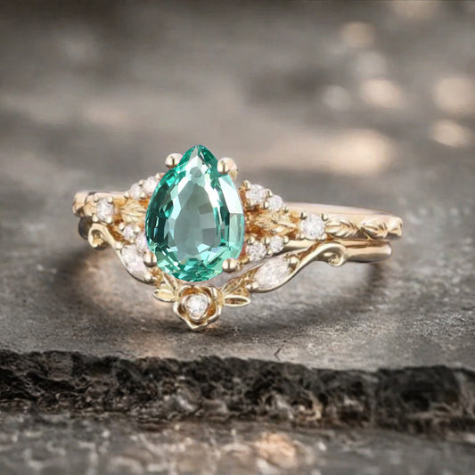 Pear cut Tsavorite engagement ring set rose gold pear cut tsavorite  ring unique moissanite wedding band marquise moissanite band stack set