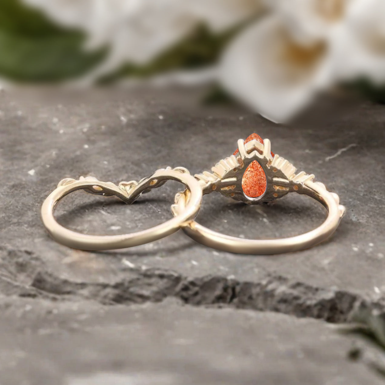 Pear cut sunstone engagement ring set rose gold pear cut sunstone ring unique moissanite wedding band marquise moissanite band stack set