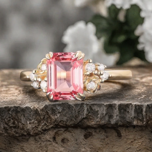 Art Deco Pink Sapphire Flower Design Gemstone Ring Unique Vintage Emerald Cut Pink Sapphire Engagement Ring Wedding Promise Ring For Women