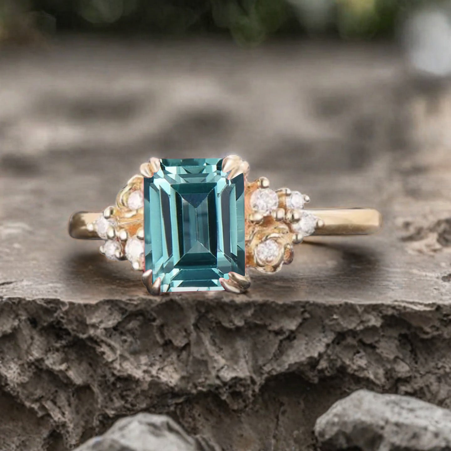 Art Deco Aquamarine Flower Design Gemstone Ring Unique Vintage Emerald Cut Aquamarine Engagement Ring Wedding Promise Ring For Women