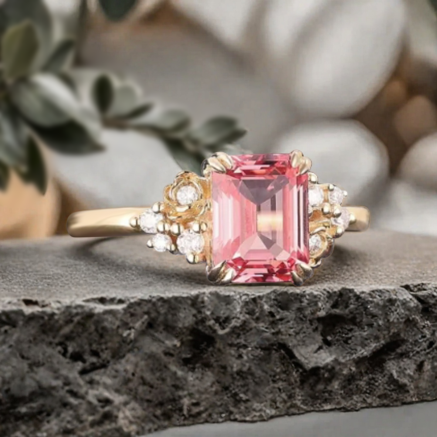 Art Deco Pink Sapphire Flower Design Gemstone Ring Unique Vintage Emerald Cut Pink Sapphire Engagement Ring Wedding Promise Ring For Women