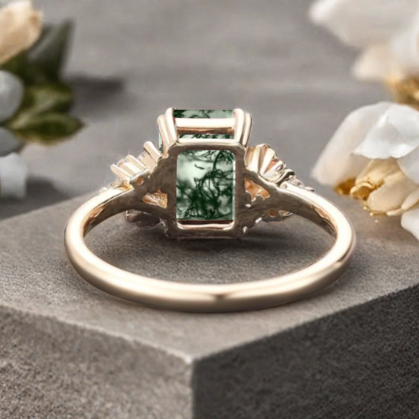 Art Deco Moss Agate Flower Design Gemstone Ring Unique Vintage Emerald Cut Moss Agate Engagement Ring Wedding Promise Ring For Women